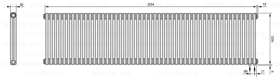 Схема (чертеж) Радиатор Zehnder Charleston 2120/49 №5510 Белый глянцевый RAL 9016